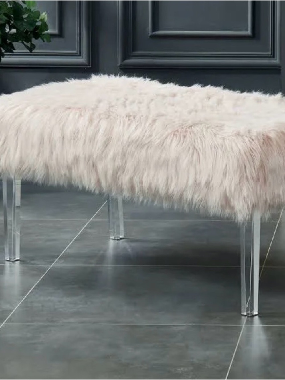 Plush Faux Fur Bench in Blush Pink with Clear Legs